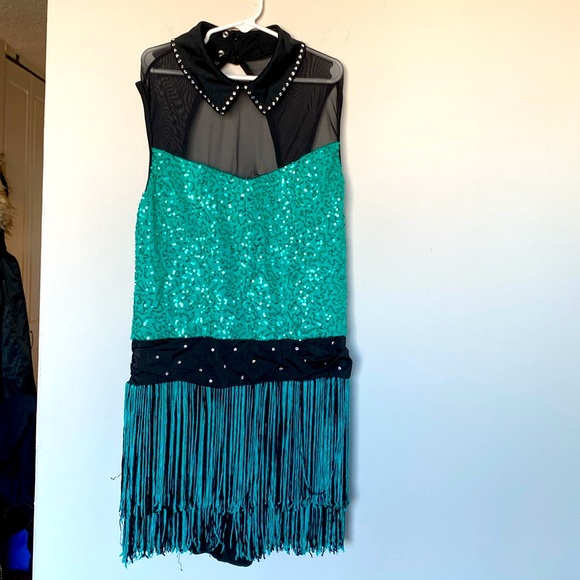Weissman Adult Large Dance Costume – Green Sequin Fringe Jazz Dress with Collar - Picture 3 of 9